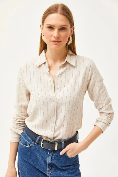 Женская рубашка из смеси льна с полосками цвета камня GML-19001176 - 3