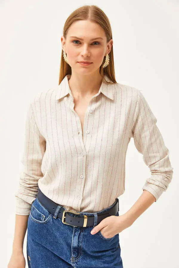 Женская рубашка из смеси льна с полосками цвета камня GML-19001176 - 3