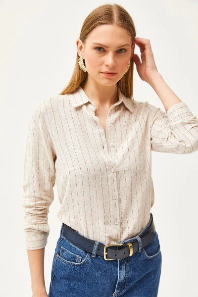 Женская рубашка из смеси льна с полосками цвета камня GML-19001176 - 4