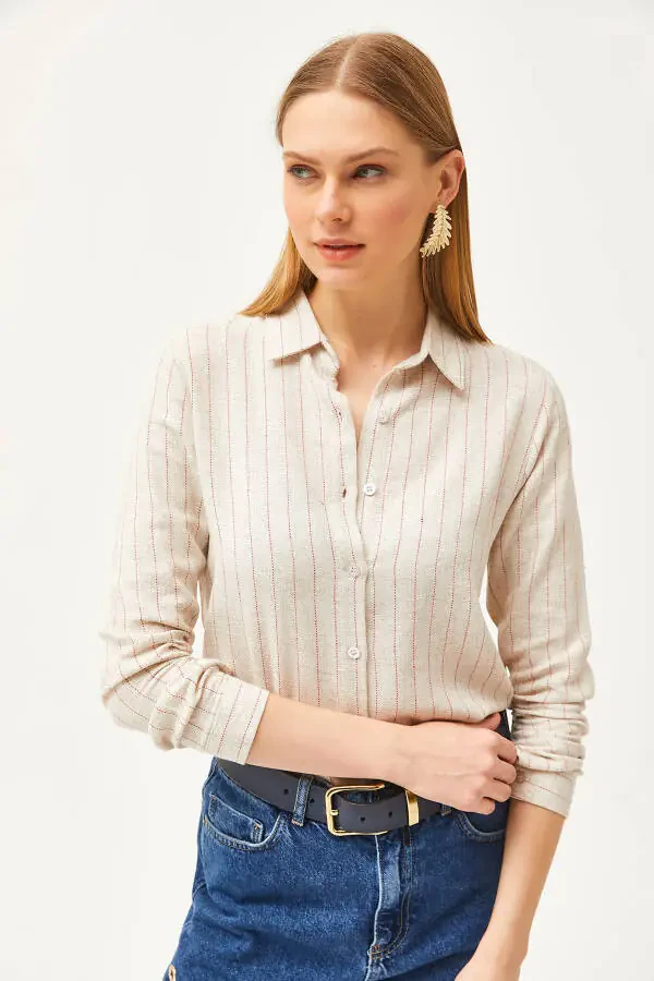 Женская рубашка из смеси льна с полосками цвета камня GML-19001176 - 5