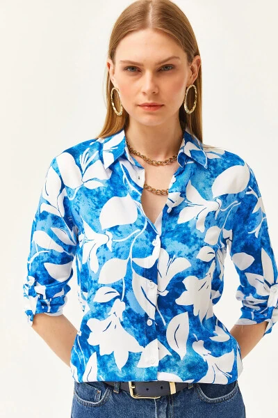 Женская рубашка из ткани с эффектом акварели цвета морской волны GML-19001178 - 3