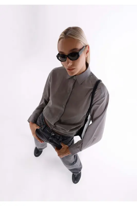 Женская рубашка с длинным рукавом, серый цвет, regular fit - 5