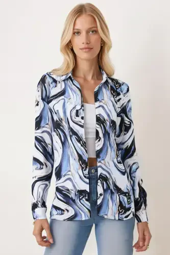 Женская рубашка с длинным рукавом в синюю полоску ARM-24K001017 - 1