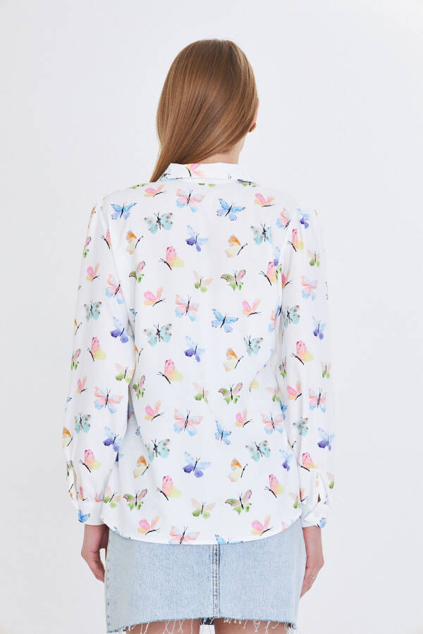 Женская рубашка с зеленым V-образным вырезом, рукавами-фонариками и рисунком ARM-25 - 5