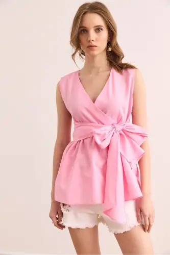 Женская Сахарно-Розовая Блузка с запахом, поясом и тканым узором - OLALOOK (1)