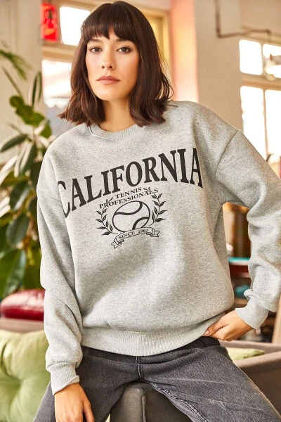 Женская серая толстовка с внутренним флисом California SWT-19000507 - 4