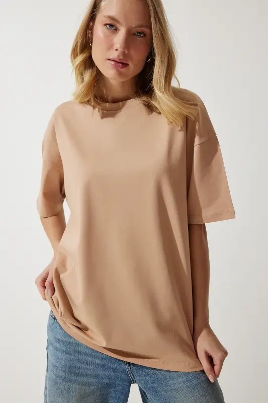 Женская Темно-Бежевая Велосипедная Горловина Базовая Oversize Трикотажная Футболка BF00091-Темно-Бежевый - 3