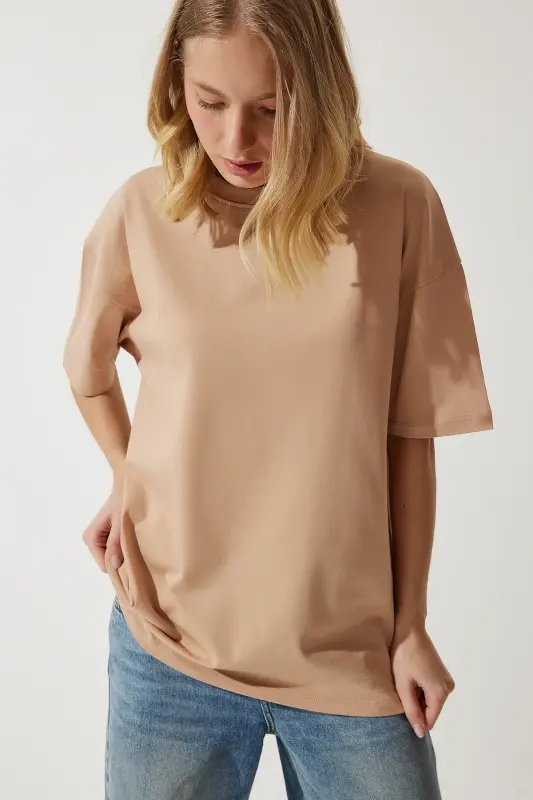 Женская Темно-Бежевая Велосипедная Горловина Базовая Oversize Трикотажная Футболка BF00091-Темно-Бежевый - 4
