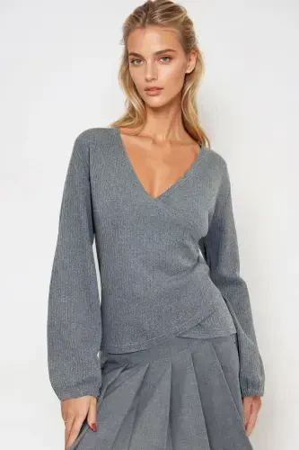 Женская Темно-Серая Блузка с Запахом и Рукавами на Резинке ALC-X12929-Темно-Серый - 1