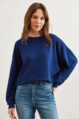 Женская темно-синяя с модальными вставками толстовка свободного кроя Premium Oversize SWT-19000713 - 6