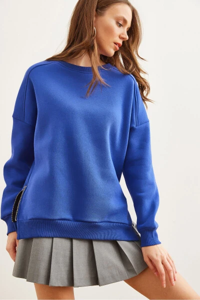 Женская толстовка Saks синего цвета с застежкой-молнией по бокам, внутренняя сторона из флиса, SWT-19000624 - OLALOOK