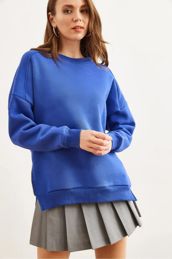 Женская толстовка Saks синего цвета с застежкой-молнией по бокам, внутренняя сторона из флиса, SWT-19000624 - 3