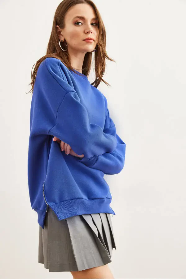 Женская толстовка Saks синего цвета с застежкой-молнией по бокам, внутренняя сторона из флиса, SWT-19000624 - 4