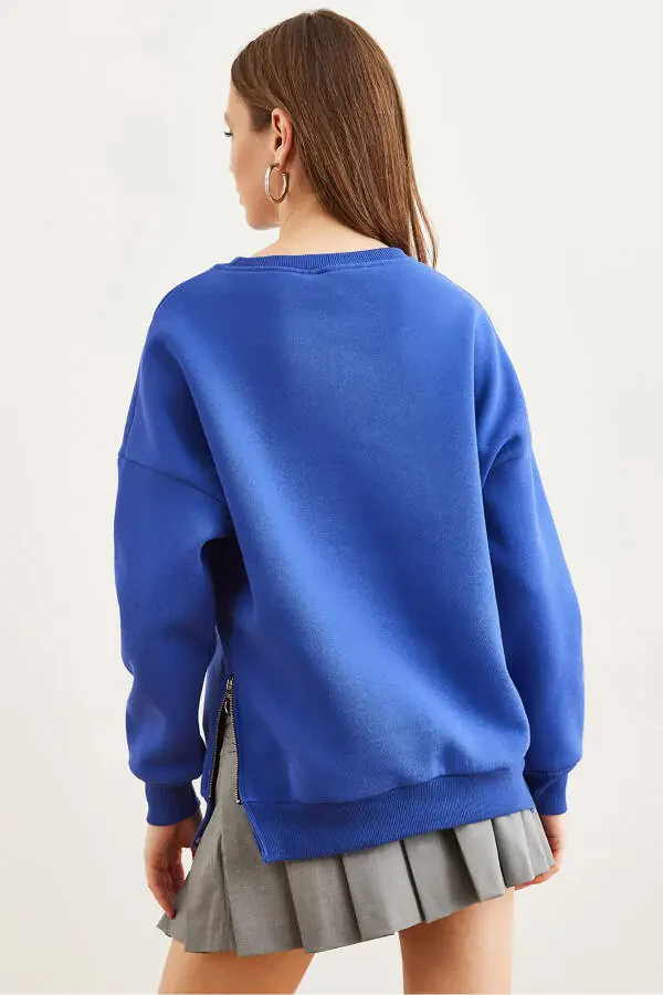 Женская толстовка Saks синего цвета с застежкой-молнией по бокам, внутренняя сторона из флиса, SWT-19000624 - 6