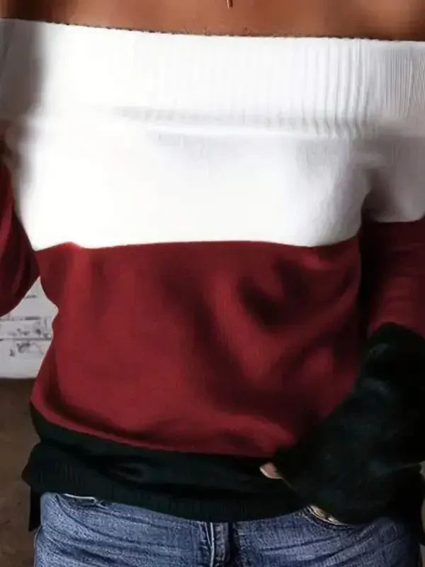 Женская трикотажная блузка с длинными рукавами и открытыми плечами в блочную полоску - 2