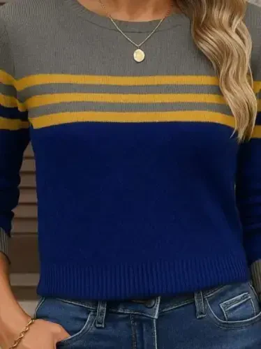 Женская трикотажная блузка с длинными рукавами, круглым вырезом и разноцветным принтом. - BÜYÜKBEDENIZ (1)