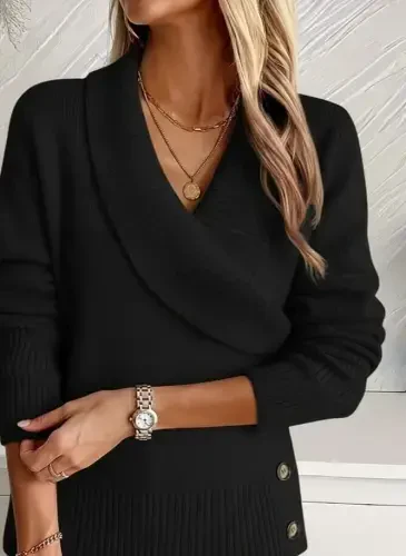 Женская трикотажная блузка с длинными рукавами, воротником и боковыми пуговицами - 2