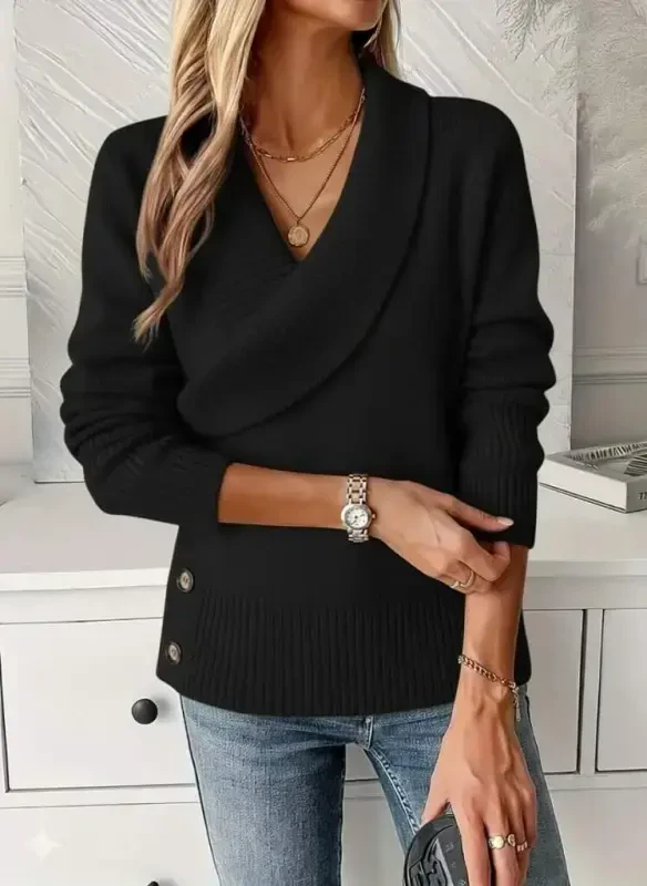 Женская трикотажная блузка с длинными рукавами, воротником и боковыми пуговицами - 3