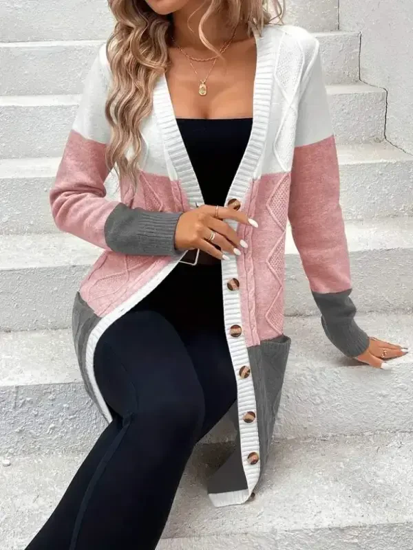 Женская трикотажная кофта с длинными рукавами, пуговицами спереди и карманами, разноцветная. - 3