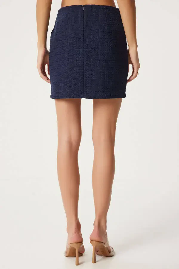 Женская твидовая мини-юбка темно-синего цвета UL00037 - 4