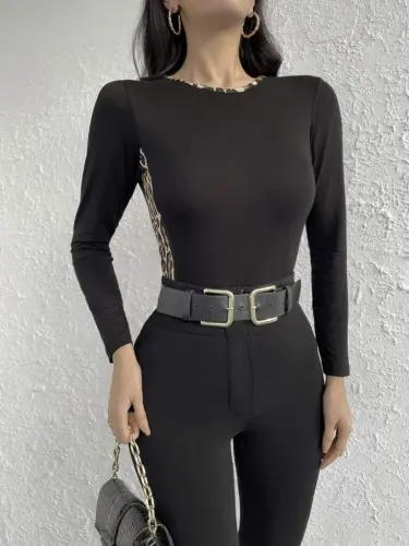 Женская вискозная блузка с длинными рукавами и леопардовым принтом - BÜYÜKBEDENIZ (1)