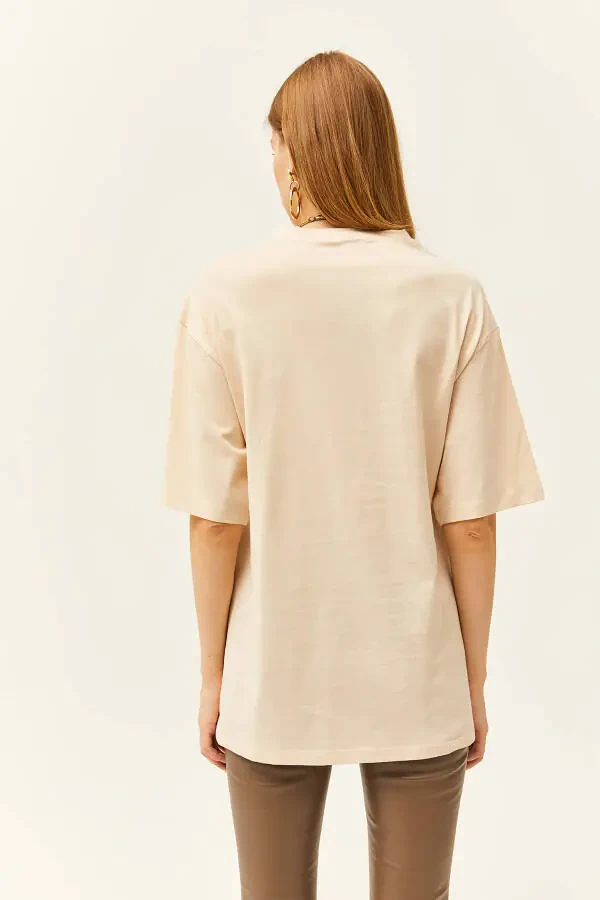 Женская хлопковая футболка бежевого цвета с пуговицами по бокам TSH-19000762 - 5