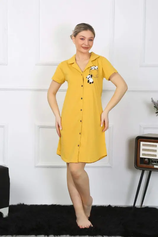 Женская хлопковая трикотажная ночная сорочка с короткими рукавами и пуговицами, желтая, 13109 - 2