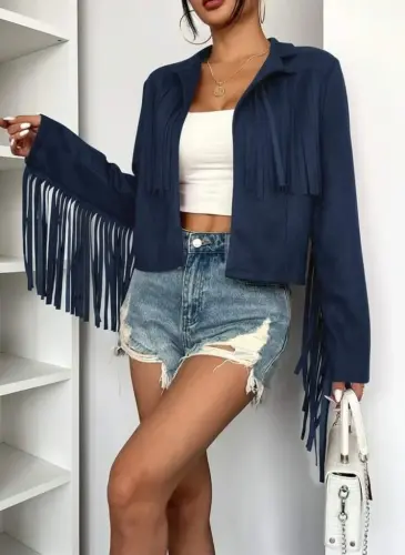 Женская замшевая куртка с длинными рукавами, воротником и короткой бахромой - 4