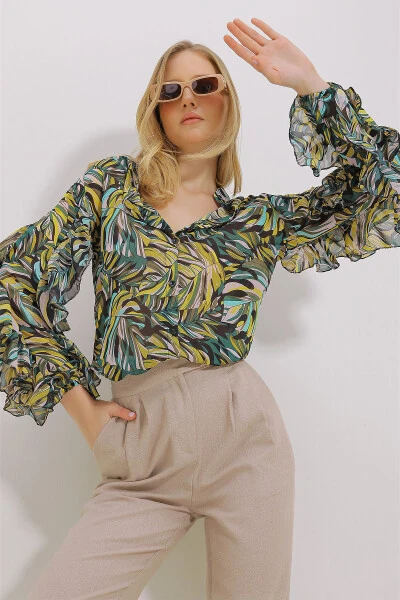 Женская зеленая блузка из шифона с воротником-мандарином, объемными рукавами и принтом ALC-X11478 - TREND ALAÇATI STILI
