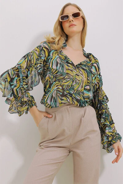 Женская зеленая блузка из шифона с воротником-мандарином, объемными рукавами и принтом ALC-X11478 - TREND ALAÇATI STILI (1)