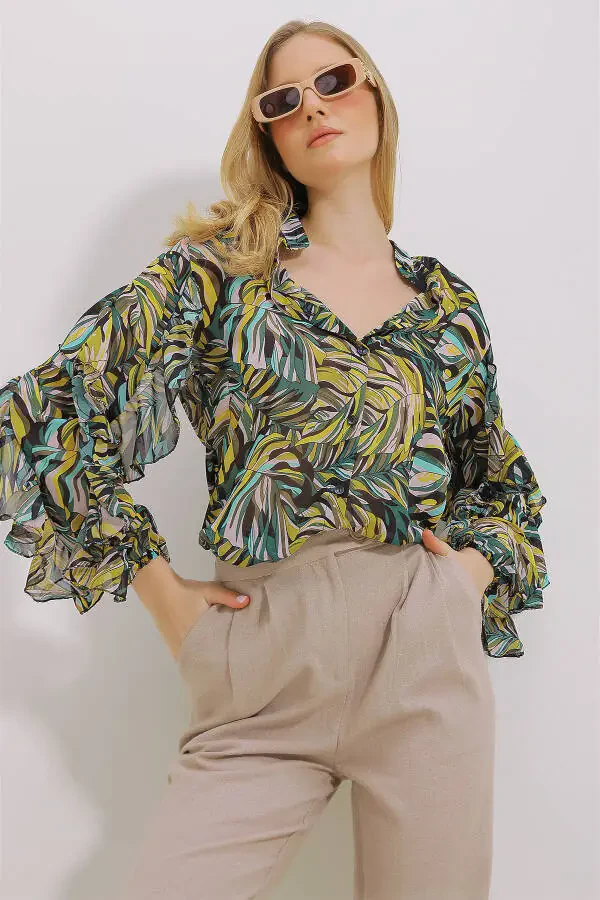 Женская зеленая блузка из шифона с воротником-мандарином, объемными рукавами и принтом ALC-X11478 - 3