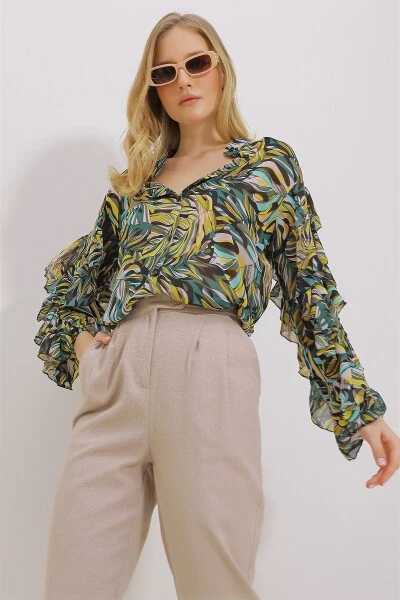 Женская зеленая блузка из шифона с воротником-мандарином, объемными рукавами и принтом ALC-X11478 - 4