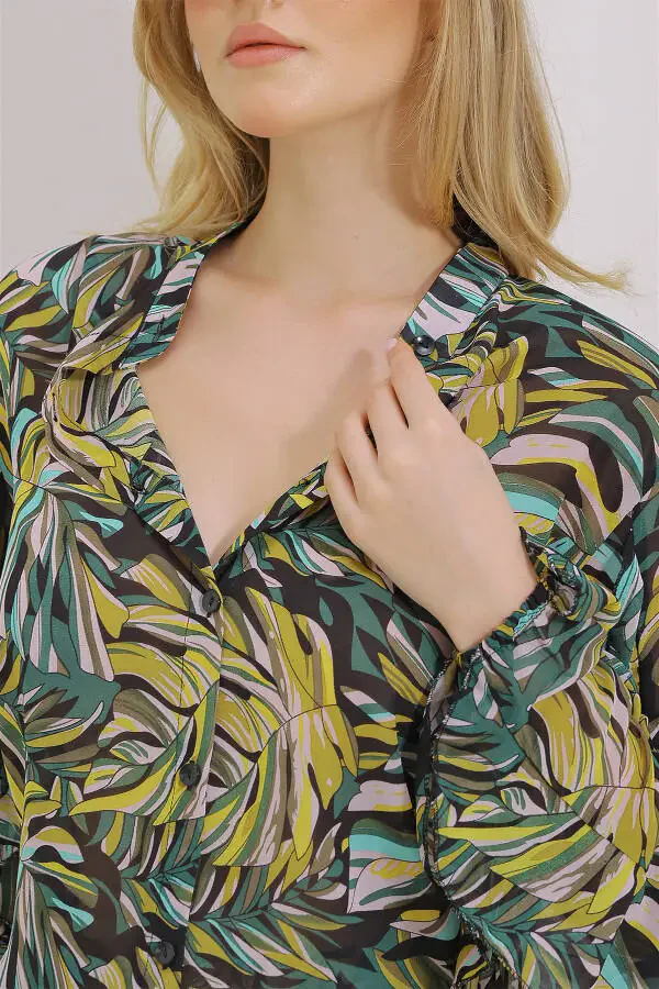 Женская зеленая блузка из шифона с воротником-мандарином, объемными рукавами и принтом ALC-X11478 - 6