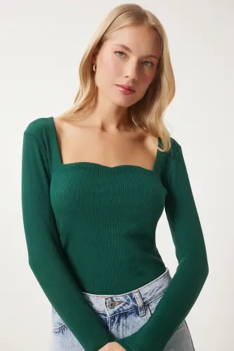 Женская зеленая блузка в рубчик с сердцевидным вырезом GT00100-Зеленый 