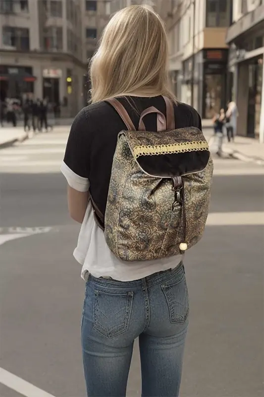 Женская зеленая сумка-рюкзак ручной работы - Зеленый платок - 3