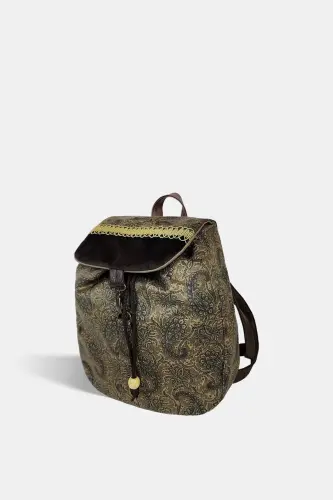 Женская зеленая сумка-рюкзак ручной работы - Зеленый платок - 5