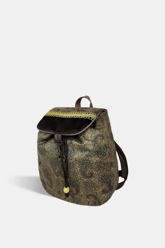 Женская зеленая сумка-рюкзак ручной работы - Зеленый платок - 5