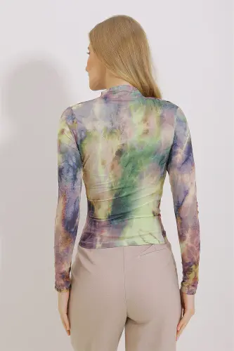 Женская Зеленая Высокая Горловина Со Сборками На Плечах Блузка С Драпировкой И Узором ALC-X11131-ЗЕЛЕНЫЙ - 6