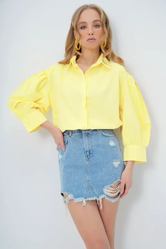 Женская Желтый Шарик Рукав Скрытый Патлы Базовый Поплин Рубашка ALC-X9654-ЖЕЛТЫЙ - 1