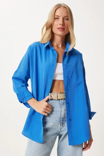 Женская Живая Синяя Oversize Длинная Базовая Рубашка DD00842-Живая Синяя - HAPPINESS İSTANBUL (1)
