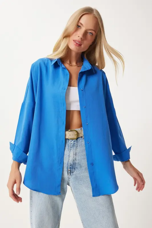 Женская Живая Синяя Oversize Длинная Базовая Рубашка DD00842-Живая Синяя - 3