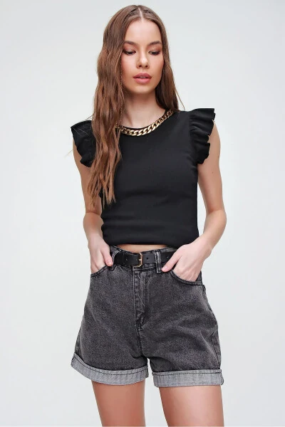 Женские антрацитовые джинсовые шорты с двойным штанинами и высокой талией ALC-X5938 - 3