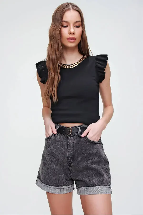 Женские антрацитовые джинсовые шорты с двойным штанинами и высокой талией ALC-X5938 - 3