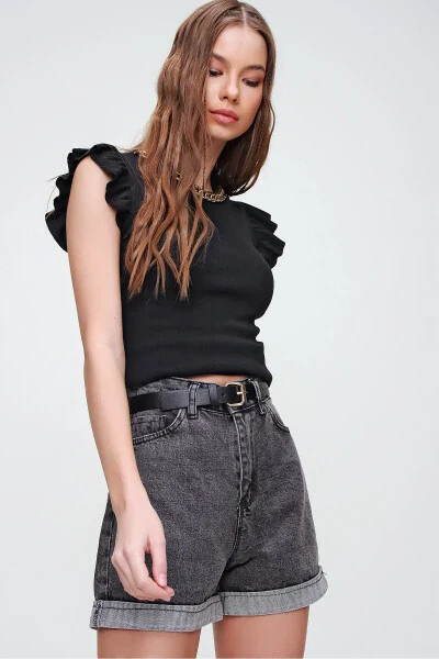 Женские антрацитовые джинсовые шорты с двойным штанинами и высокой талией ALC-X5938 - 4