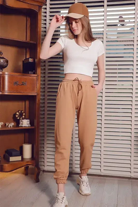 Женские базовые спортивные штаны бисквитного цвета с эластичной талией и штанинами ALC-X5902-BİSKÜVİ - 3