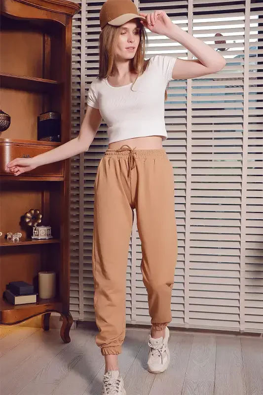 Женские базовые спортивные штаны бисквитного цвета с эластичной талией и штанинами ALC-X5902-BİSKÜVİ - 4