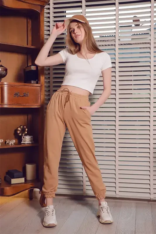 Женские базовые спортивные штаны бисквитного цвета с эластичной талией и штанинами ALC-X5902-BİSKÜVİ - 5