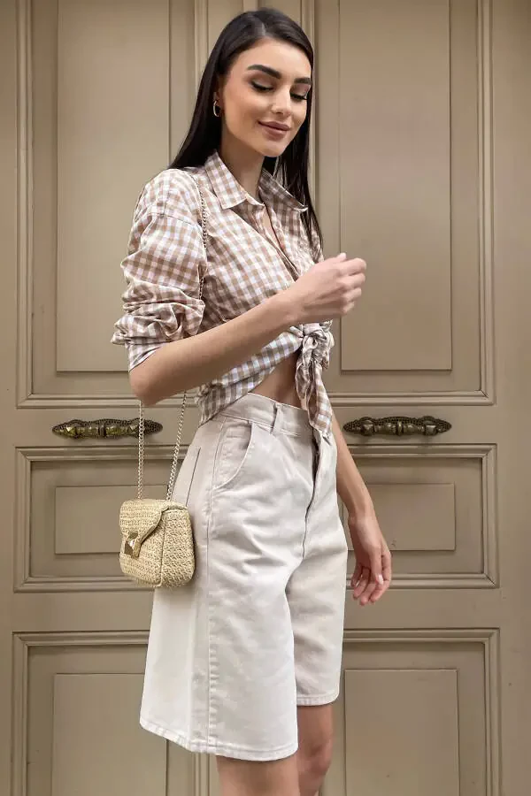 Женские Бермуды из денима с высокой талией и широкими штанинами бежевого цвета ALC-X8174 - 3