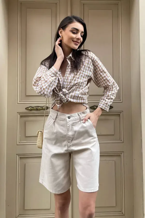 Женские Бермуды из денима с высокой талией и широкими штанинами бежевого цвета ALC-X8174 - 4