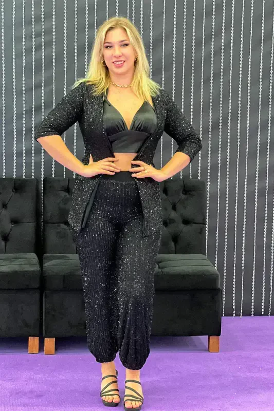 Женские брюки большого размера с пайетками для вечера на резинке на щиколотке KL94 ПАЙЕТКИ - 2